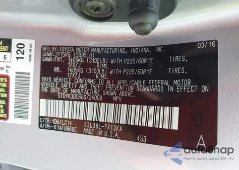 2016 Toyota Sienna Xle 8 Passenger z USA, uszkodzony, nr VIN 5TDYK3DC6GS724009